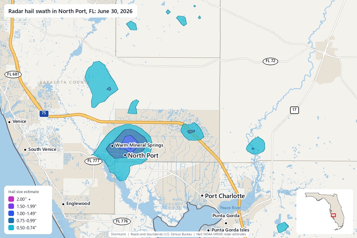 Radar-estimated hail swath in North Port, FL on June 30, 2026; colors show estimated hail sizes