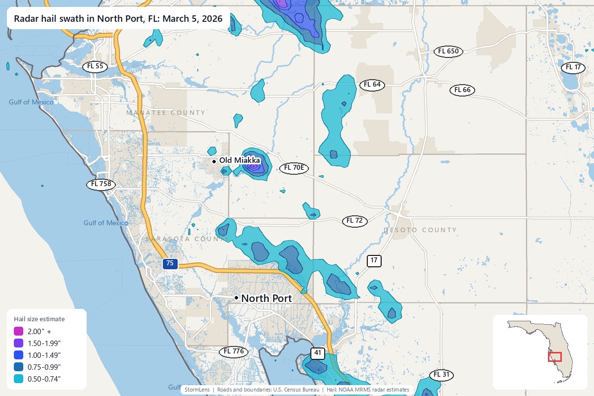 Radar-estimated hail swath in North Port, FL on March 5, 2026; colors show estimated hail sizes