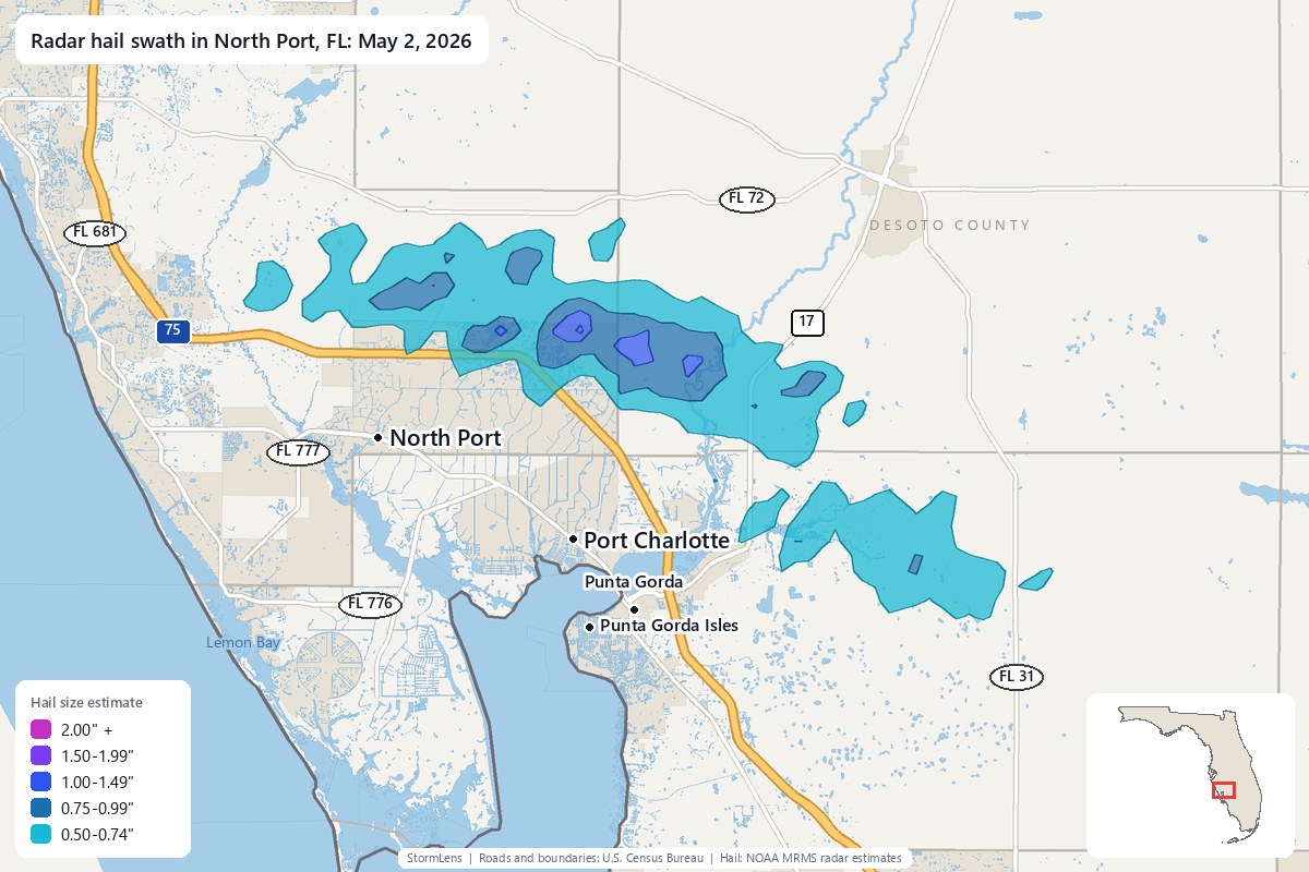 Radar-estimated hail swath in North Port, FL on May 2, 2026; colors show estimated hail sizes