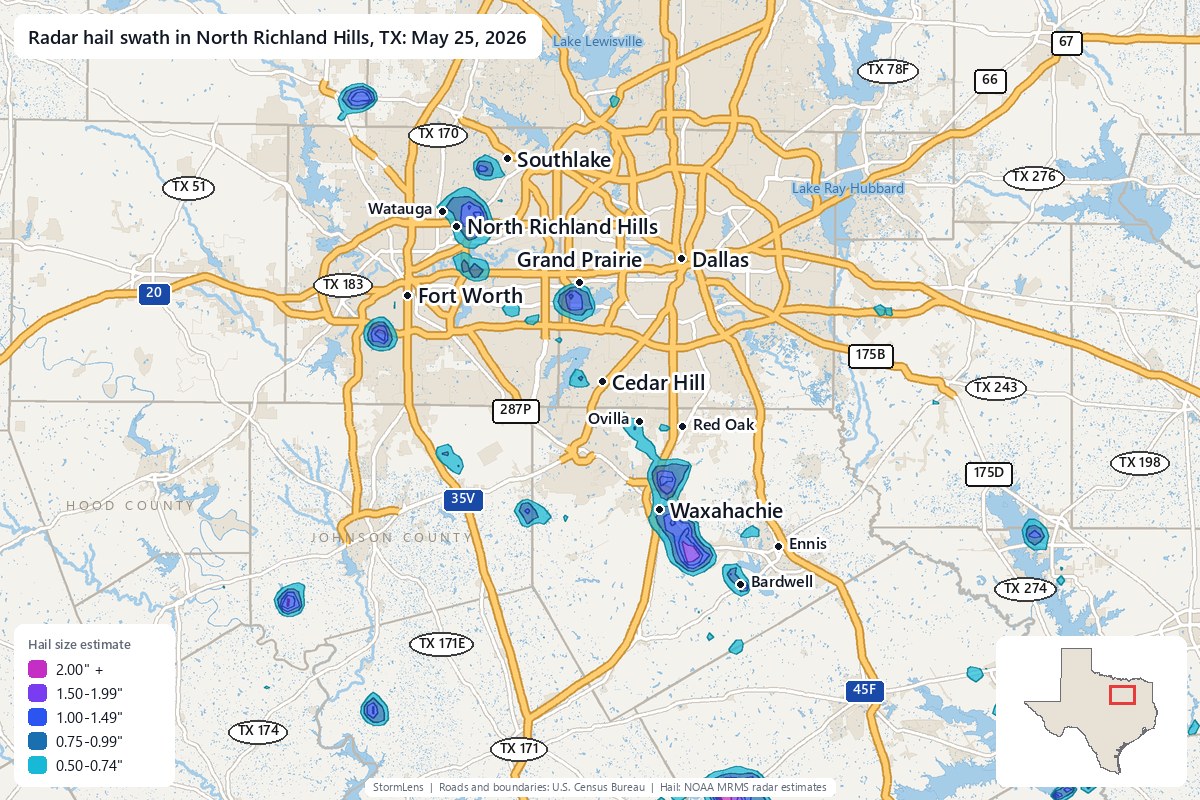 Radar-estimated hail swath in North Richland Hills, TX on May 25, 2026; colors show estimated hail sizes