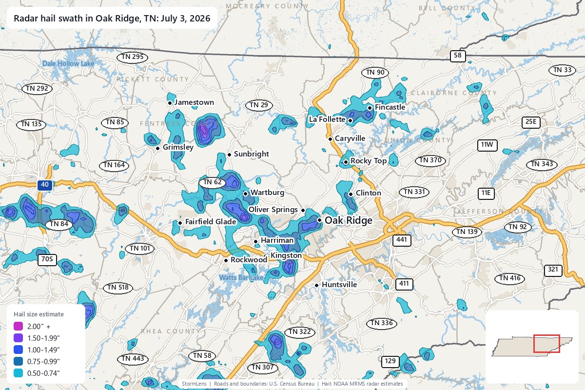 Radar-estimated hail swath in Oak Ridge, TN on July 3, 2026; colors show estimated hail sizes