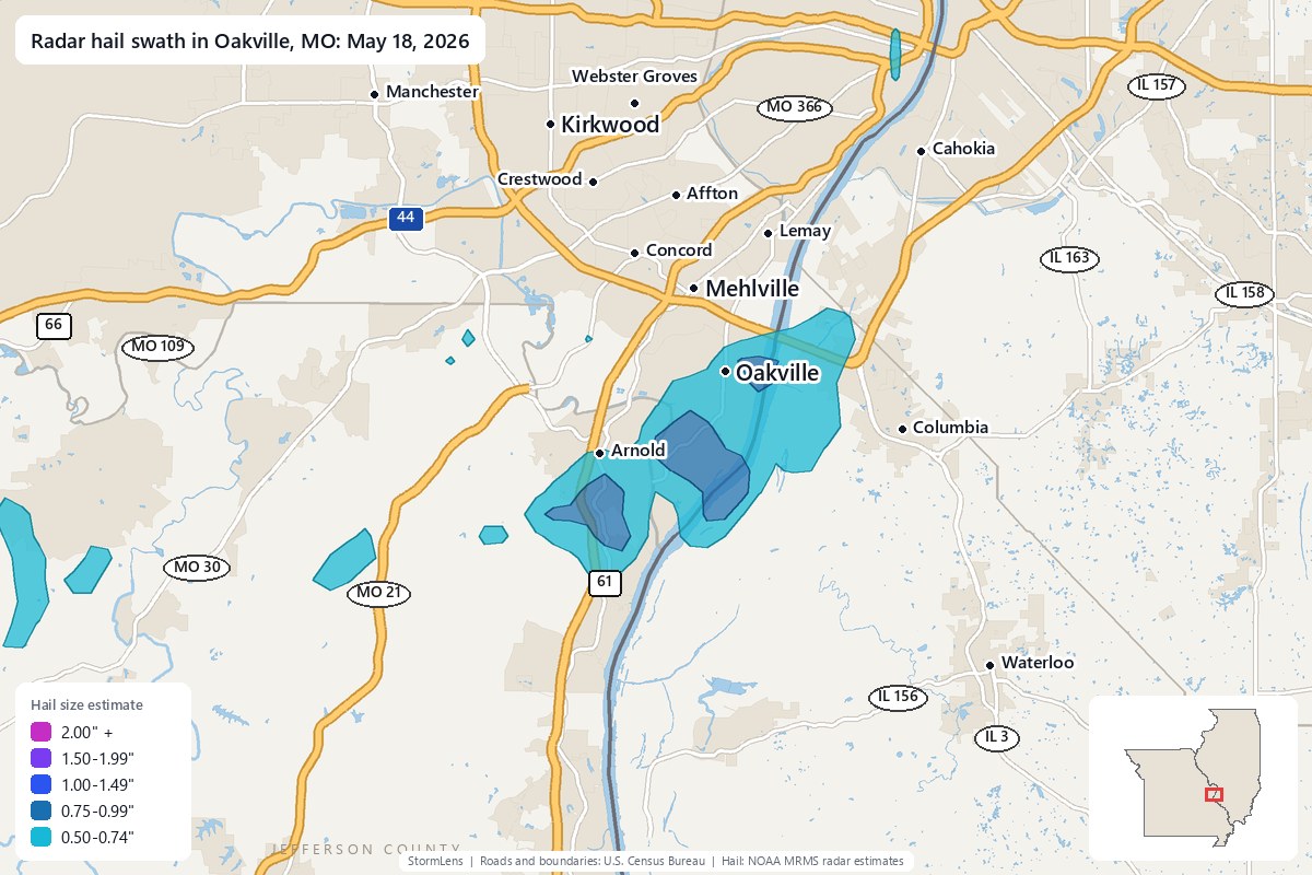 Radar-estimated hail swath in Oakville, MO on May 18, 2026; colors show estimated hail sizes