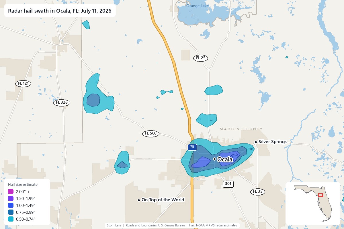 Radar-estimated hail swath in Ocala, FL on July 11, 2026; colors show estimated hail sizes
