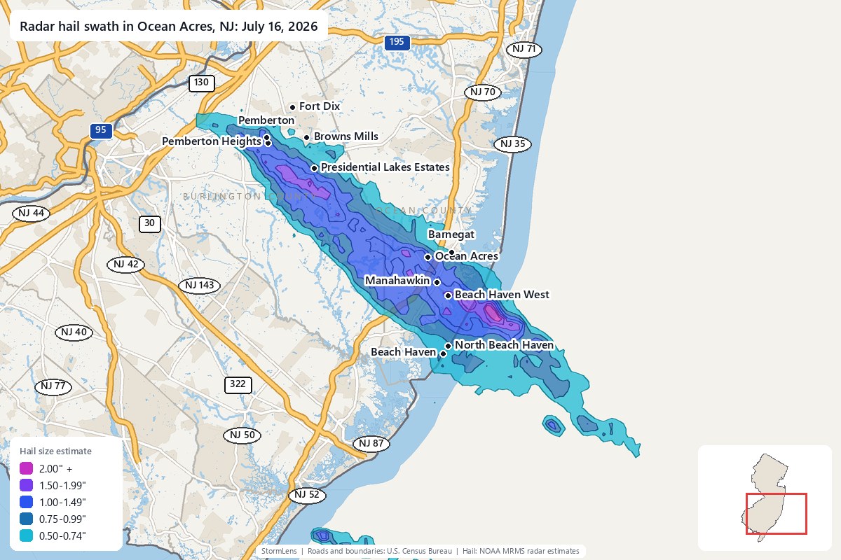 Radar-estimated hail swath in Ocean Acres, NJ on July 16, 2026; colors show estimated hail sizes