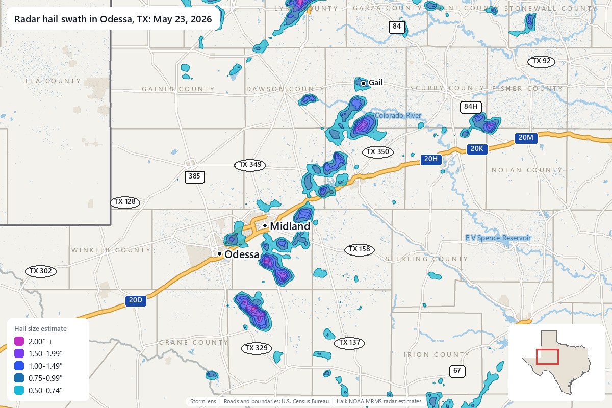 Radar-estimated hail swath in Odessa, TX on May 23, 2026; colors show estimated hail sizes