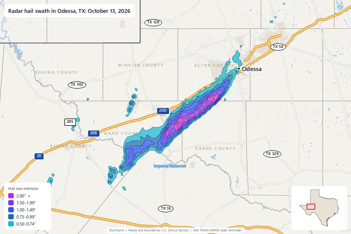 Radar-estimated hail swath in Odessa, TX on October 13, 2026; colors show estimated hail sizes