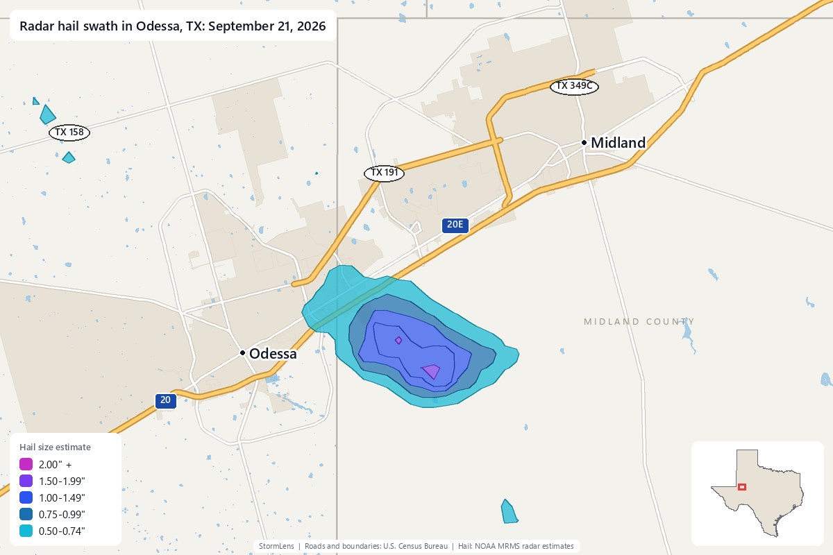 Radar-estimated hail swath in Odessa, TX on September 21, 2026; colors show estimated hail sizes