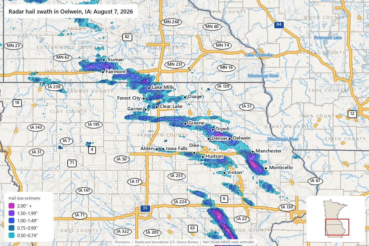 Radar-estimated hail swath in Oelwein, IA on August 7, 2026; colors show estimated hail sizes