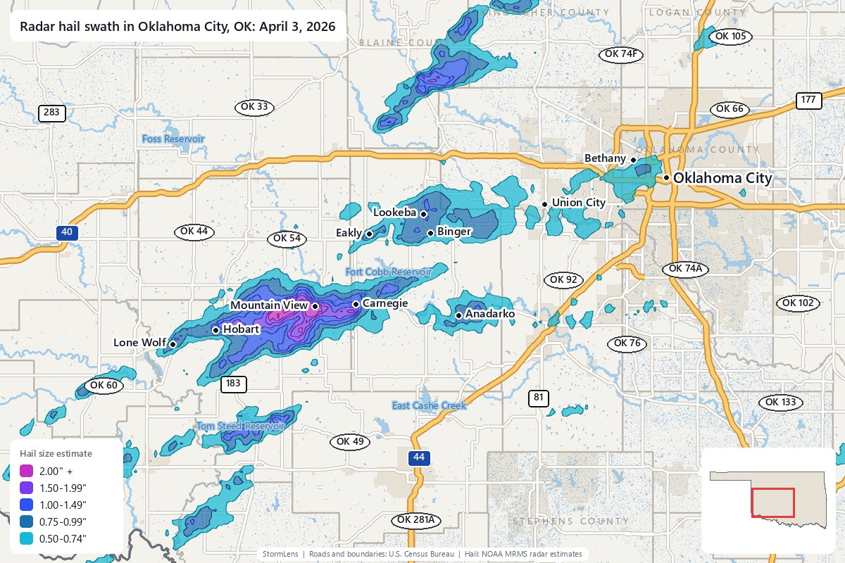 Radar-estimated hail swath in Oklahoma City, OK on April 3, 2026; colors show estimated hail sizes