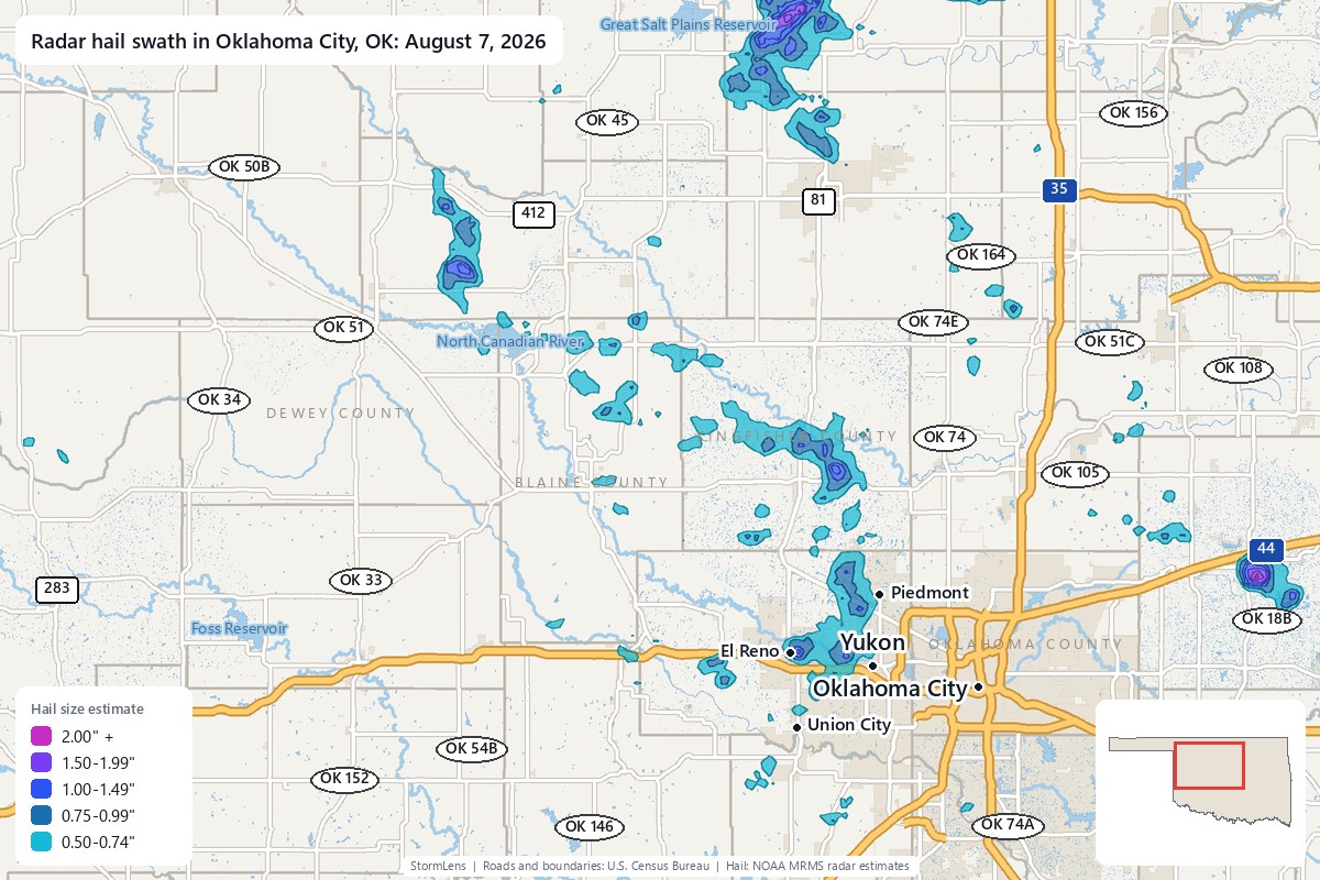 Radar-estimated hail swath in Oklahoma City, OK on August 7, 2026; colors show estimated hail sizes