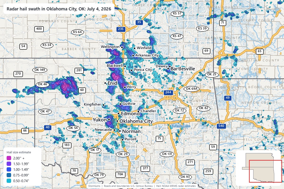 Radar-estimated hail swath in Oklahoma City, OK on July 4, 2026; colors show estimated hail sizes