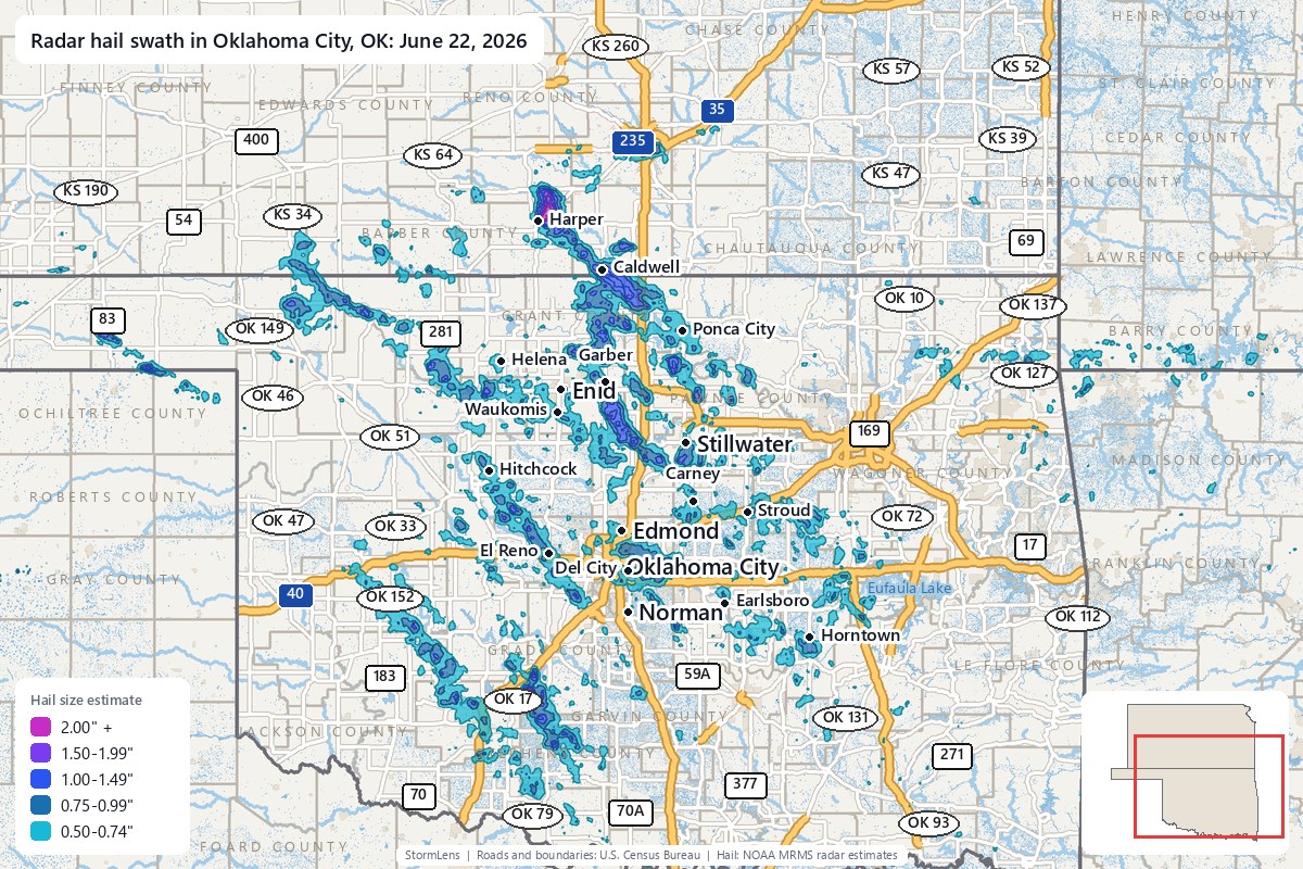 Radar-estimated hail swath in Oklahoma City, OK on June 22, 2026; colors show estimated hail sizes