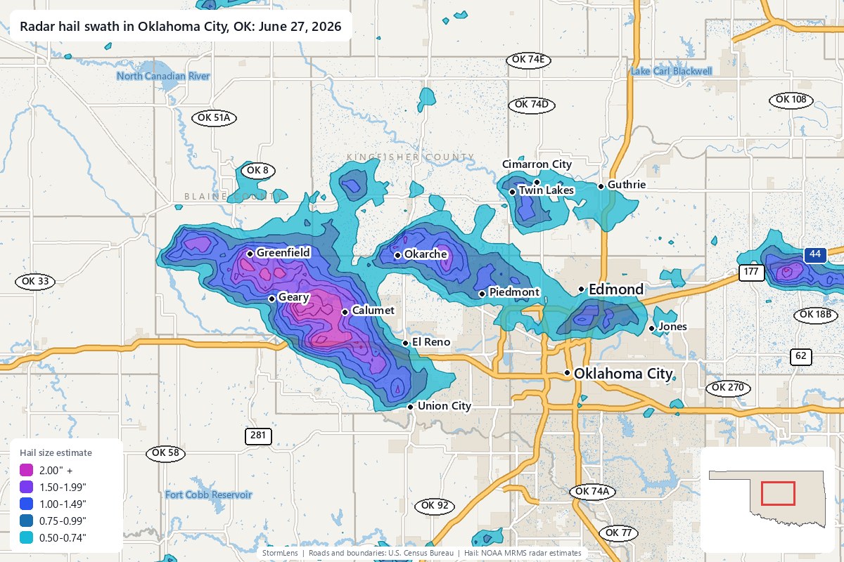 Radar-estimated hail swath in Oklahoma City, OK on June 27, 2026; colors show estimated hail sizes