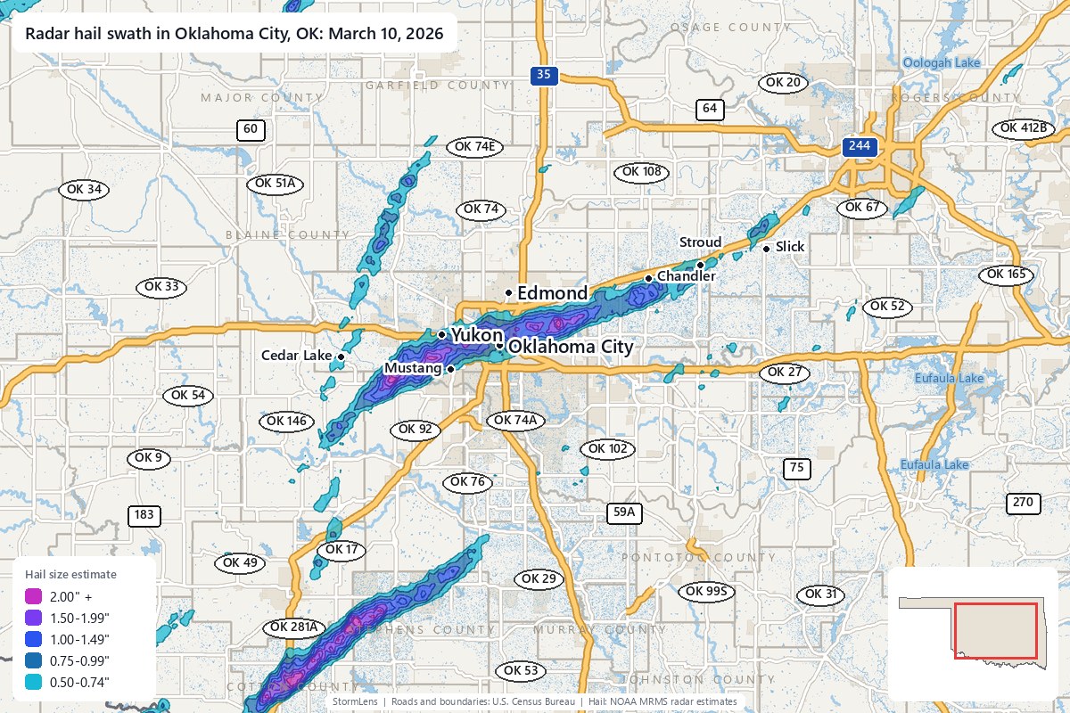 Radar-estimated hail swath in Oklahoma City, OK on March 10, 2026; colors show estimated hail sizes
