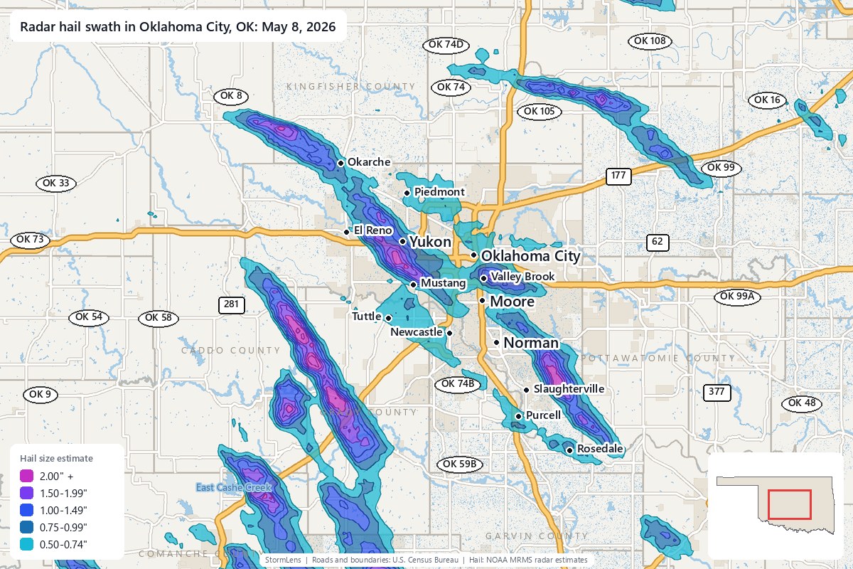 Radar-estimated hail swath in Oklahoma City, OK on May 8, 2026; colors show estimated hail sizes