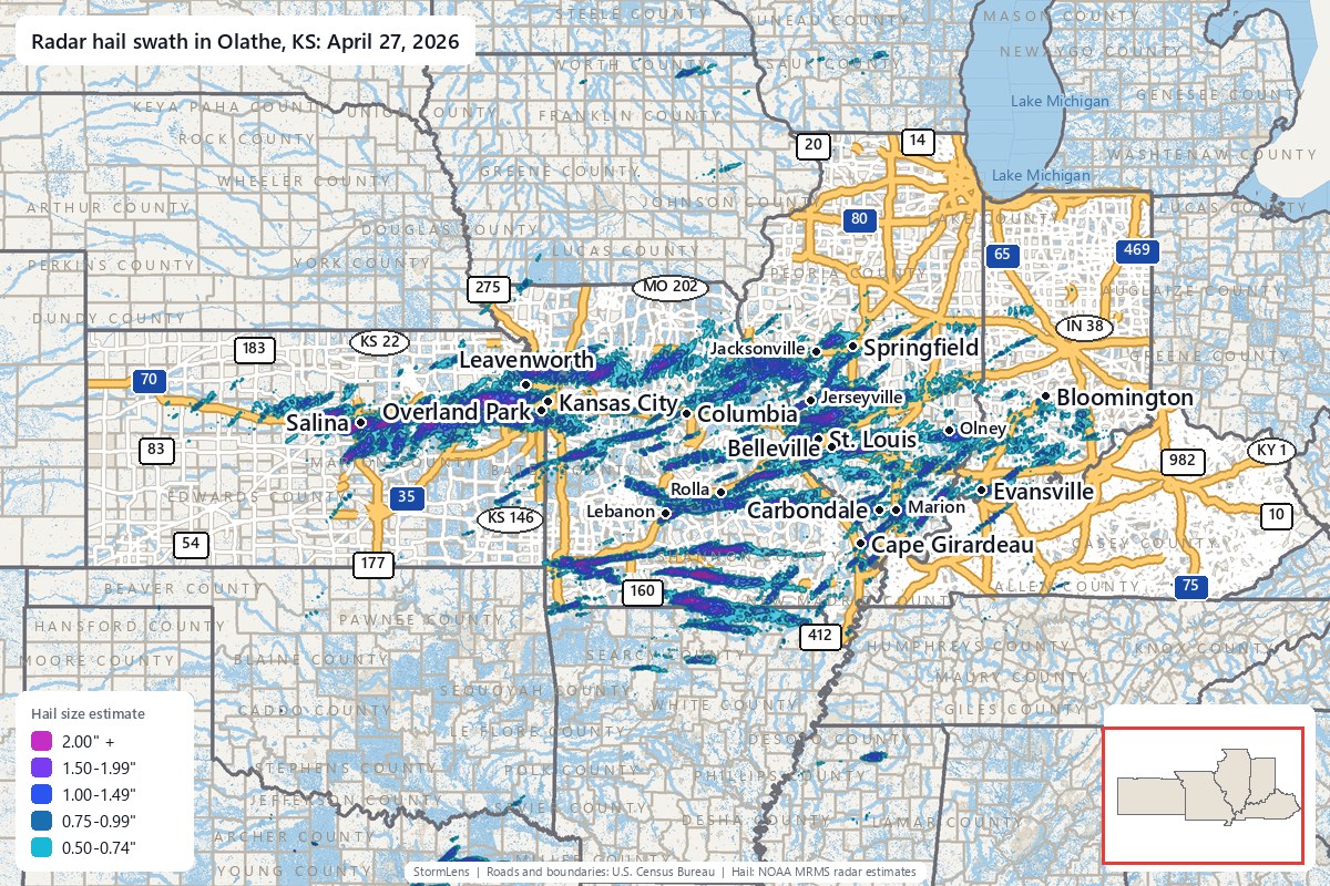 Radar-estimated hail swath in Olathe, KS on April 27, 2026; colors show estimated hail sizes