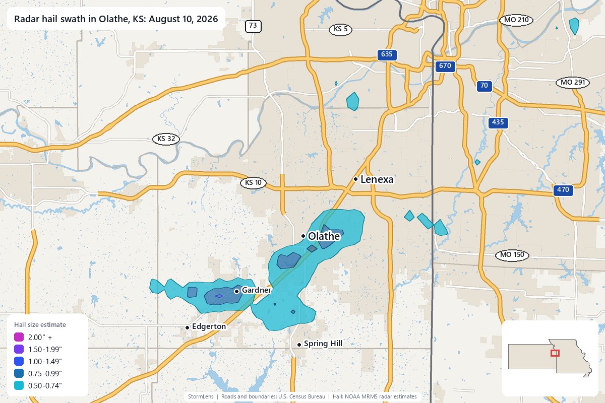 Radar-estimated hail swath in Olathe, KS on August 10, 2026; colors show estimated hail sizes