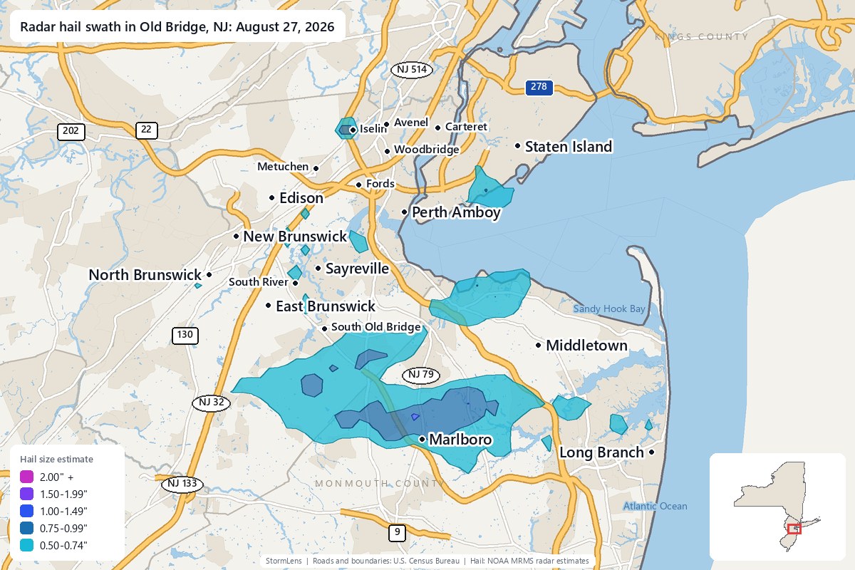 Radar-estimated hail swath in Old Bridge, NJ on August 27, 2026; colors show estimated hail sizes