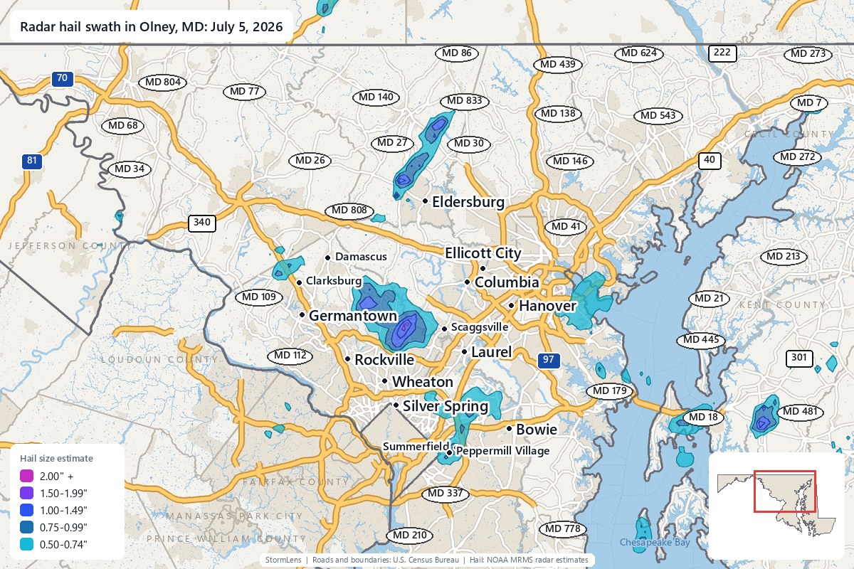 Radar-estimated hail swath in Olney, MD on July 5, 2026; colors show estimated hail sizes