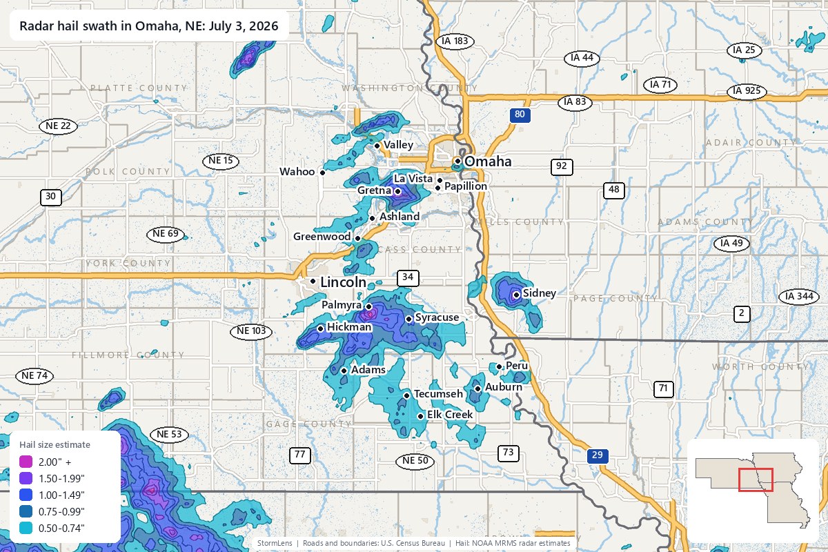 Radar-estimated hail swath in Omaha, NE on July 3, 2026; colors show estimated hail sizes