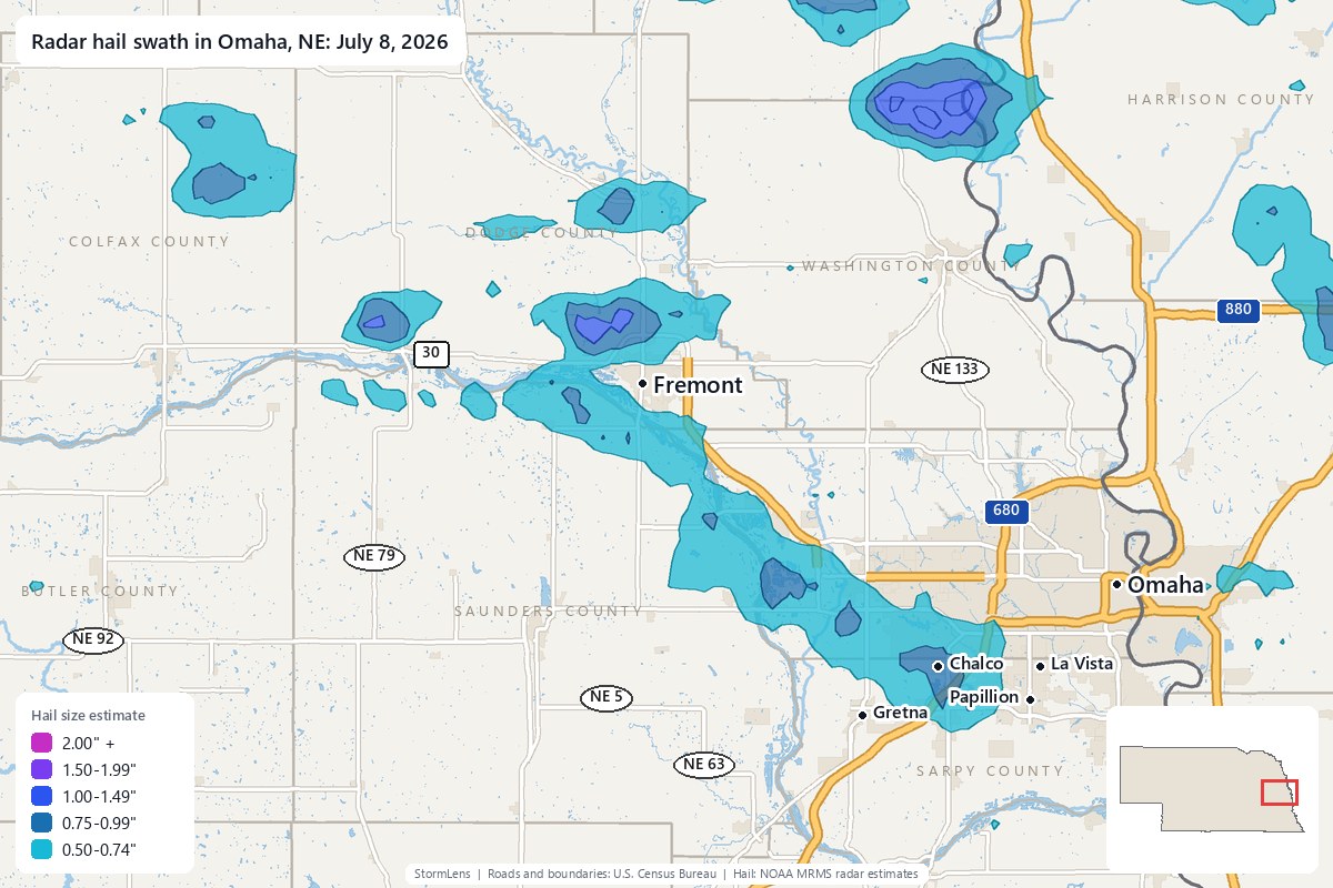 Radar-estimated hail swath in Omaha, NE on July 8, 2026; colors show estimated hail sizes
