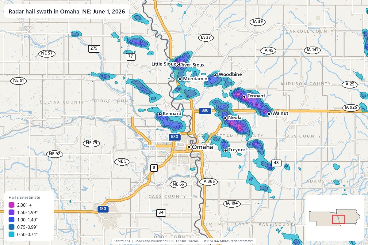 Radar-estimated hail swath in Omaha, NE on June 1, 2026; colors show estimated hail sizes