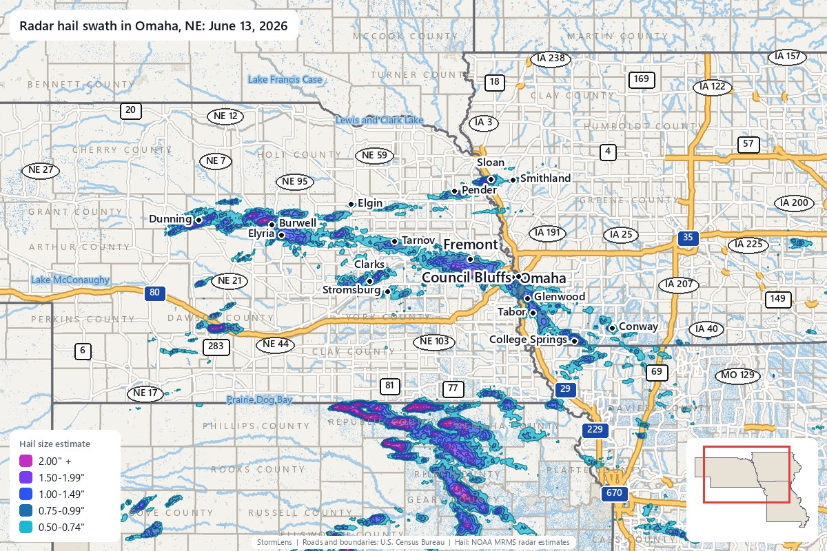 Radar-estimated hail swath in Omaha, NE on June 13, 2026; colors show estimated hail sizes