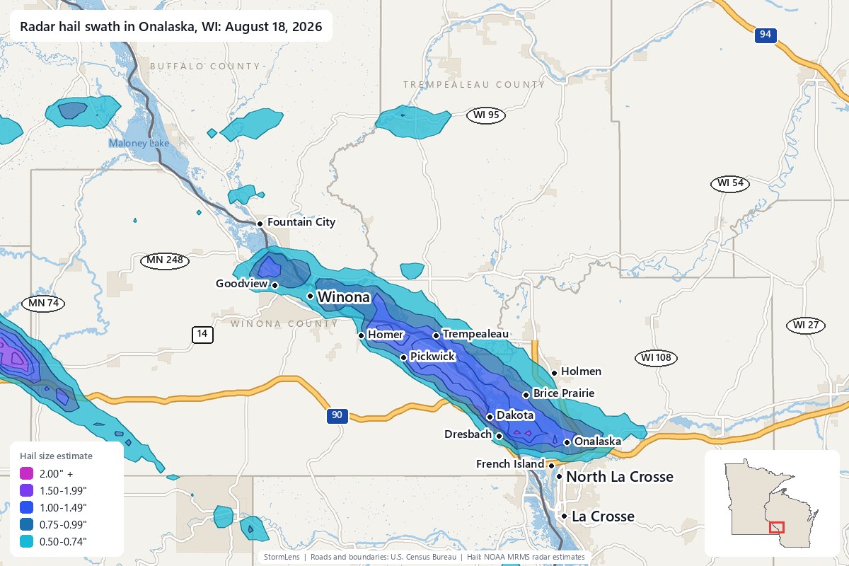 Radar-estimated hail swath in Onalaska, WI on August 18, 2026; colors show estimated hail sizes