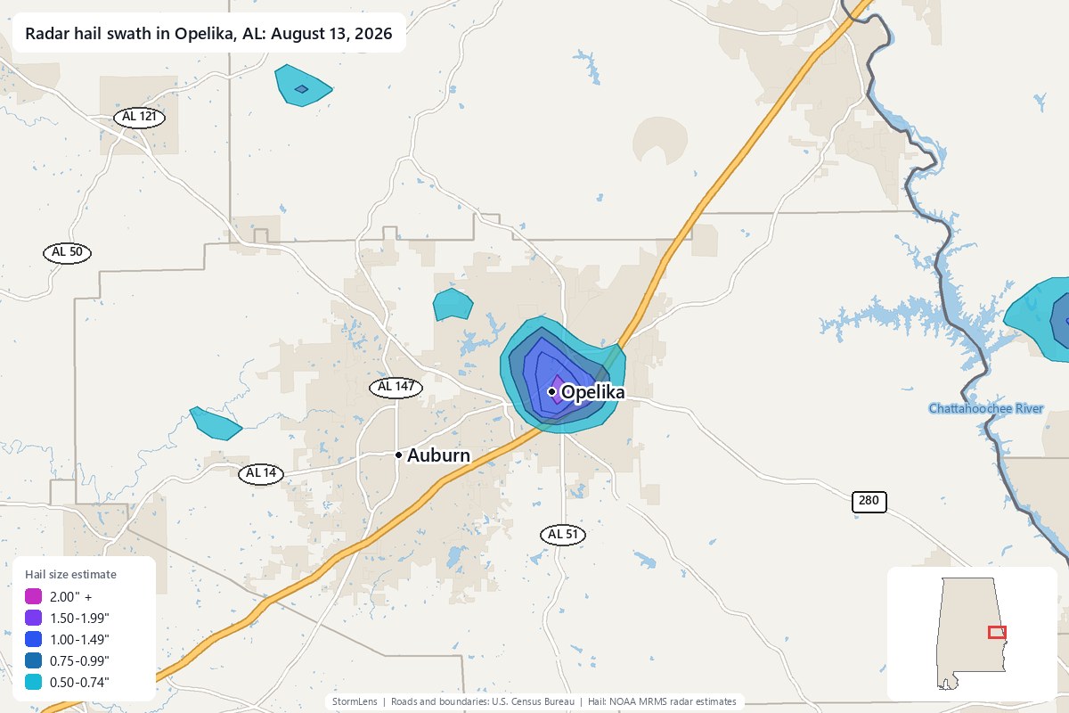 Radar-estimated hail swath in Opelika, AL on August 13, 2026; colors show estimated hail sizes