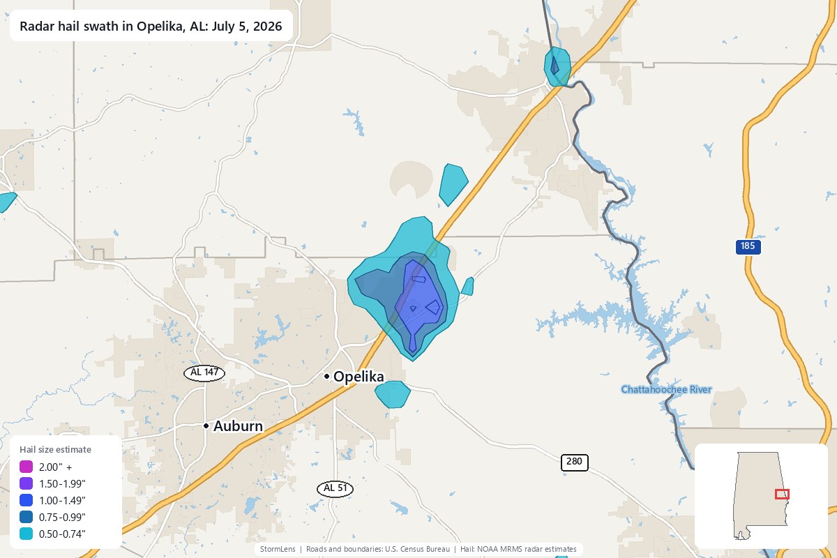 Radar-estimated hail swath in Opelika, AL on July 5, 2026; colors show estimated hail sizes