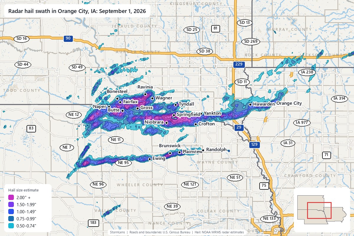 Radar-estimated hail swath in Orange City, IA on September 1, 2026; colors show estimated hail sizes