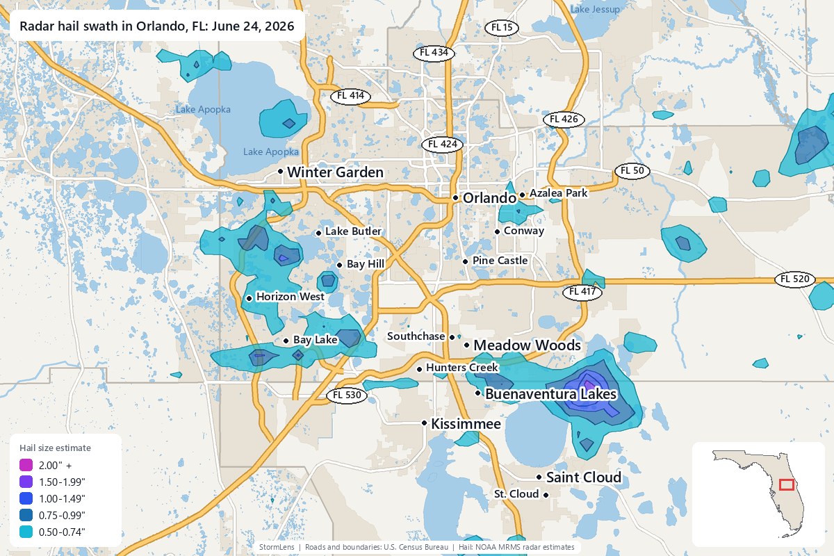 Radar-estimated hail swath in Orlando, FL on June 24, 2026; colors show estimated hail sizes