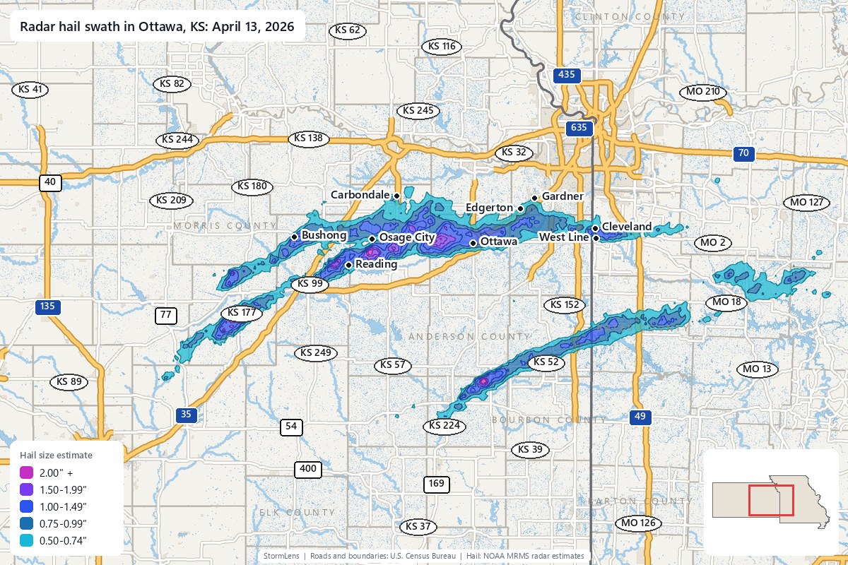 Radar-estimated hail swath in Ottawa, KS on April 13, 2026; colors show estimated hail sizes