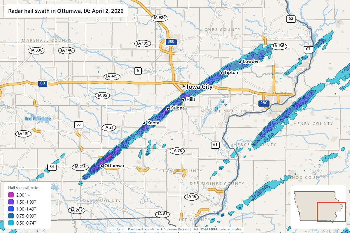 Radar-estimated hail swath in Ottumwa, IA on April 2, 2026; colors show estimated hail sizes