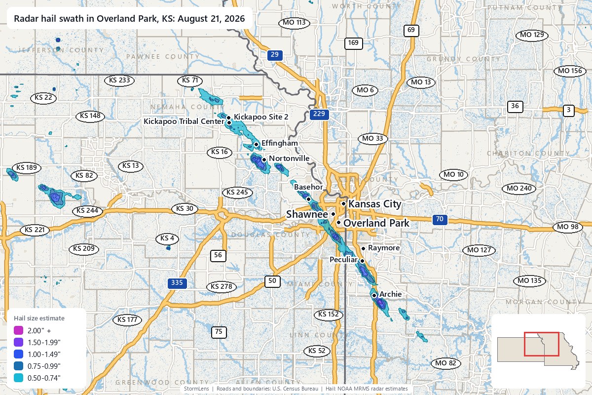 Radar-estimated hail swath in Overland Park, KS on August 21, 2026; colors show estimated hail sizes