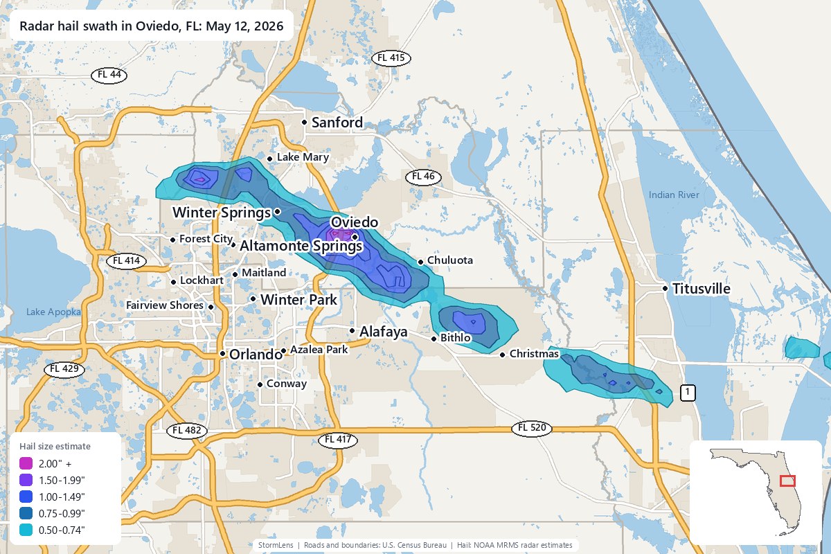 Radar-estimated hail swath in Oviedo, FL on May 12, 2026; colors show estimated hail sizes
