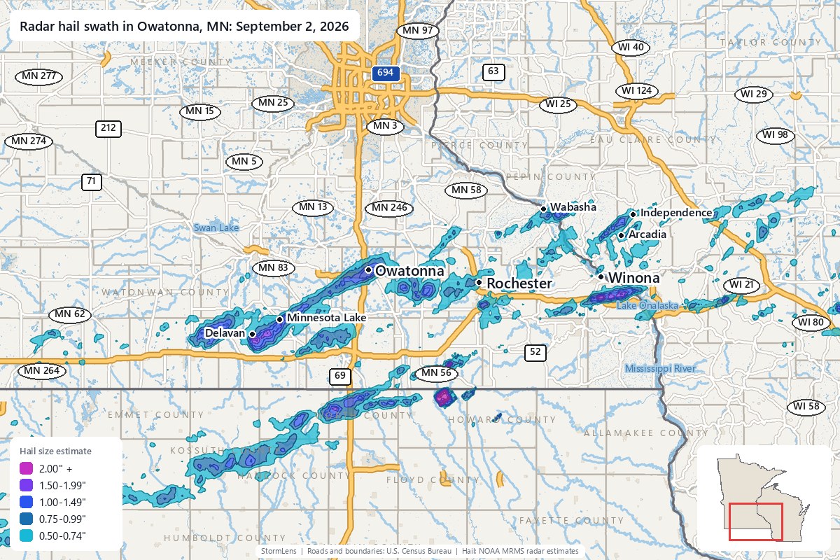 Radar-estimated hail swath in Owatonna, MN on September 2, 2026; colors show estimated hail sizes