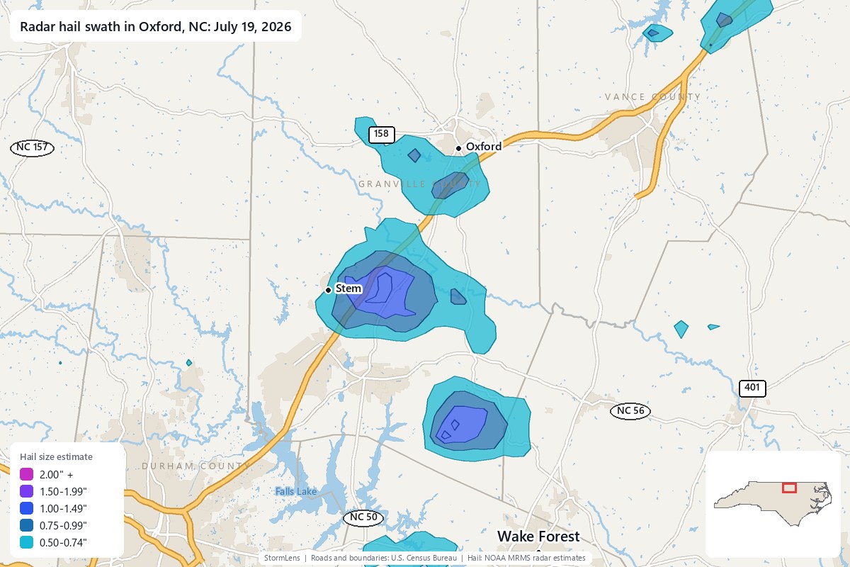 Radar-estimated hail swath in Oxford, NC on July 19, 2026; colors show estimated hail sizes