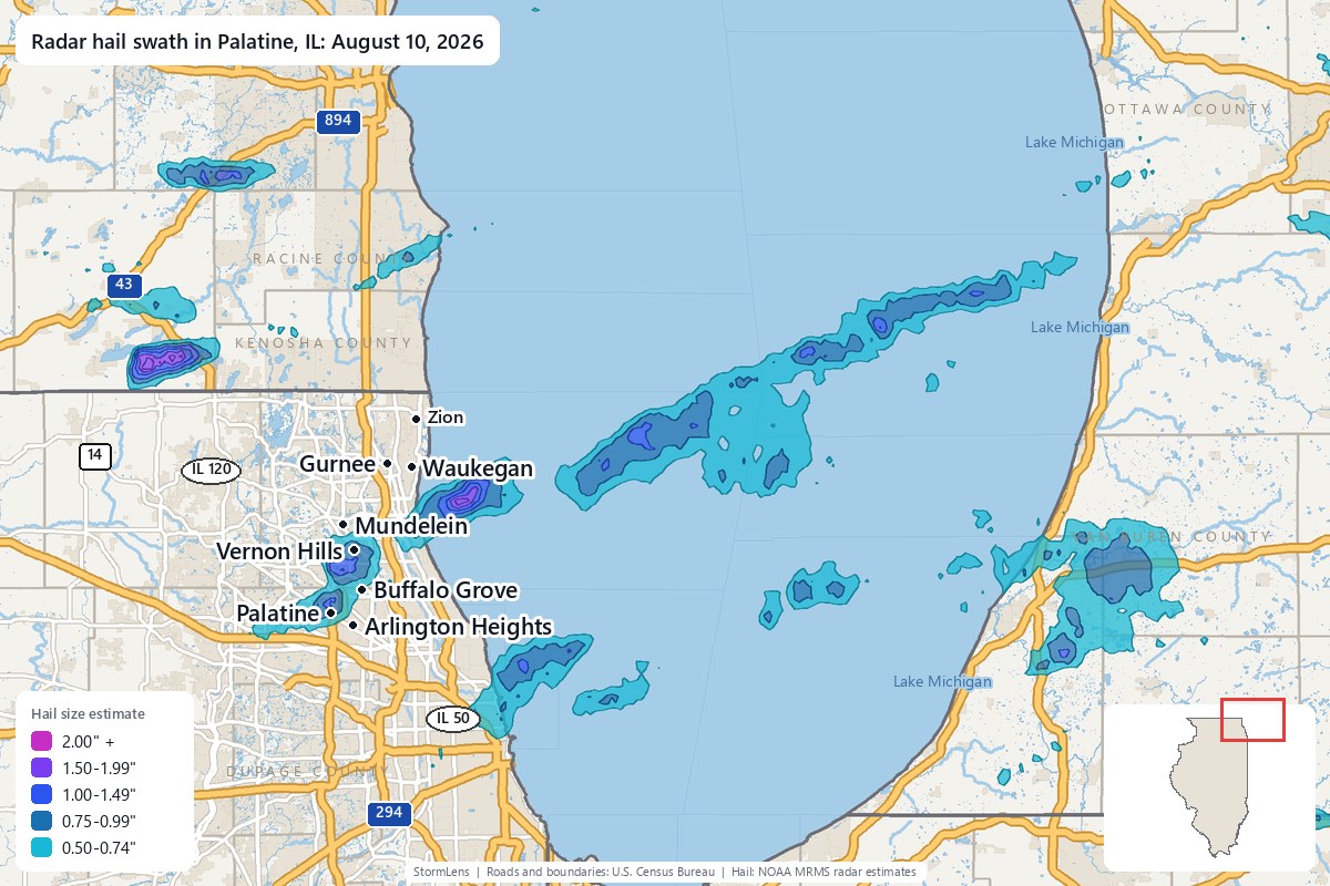 Radar-estimated hail swath in Palatine, IL on August 10, 2026; colors show estimated hail sizes
