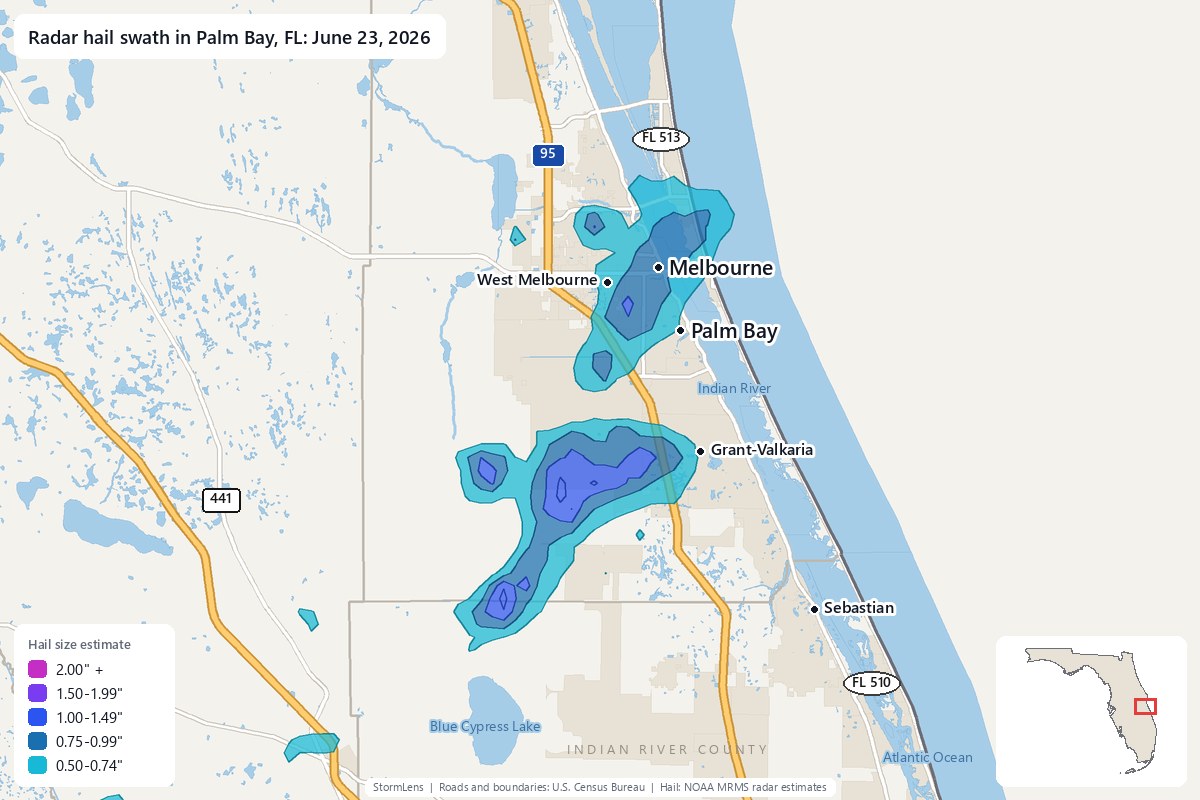 Radar-estimated hail swath in Palm Bay, FL on June 23, 2026; colors show estimated hail sizes