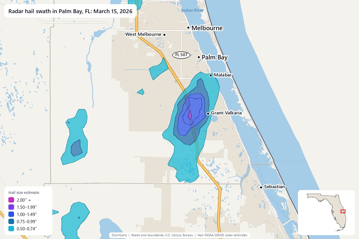 Radar-estimated hail swath in Palm Bay, FL on March 15, 2026; colors show estimated hail sizes
