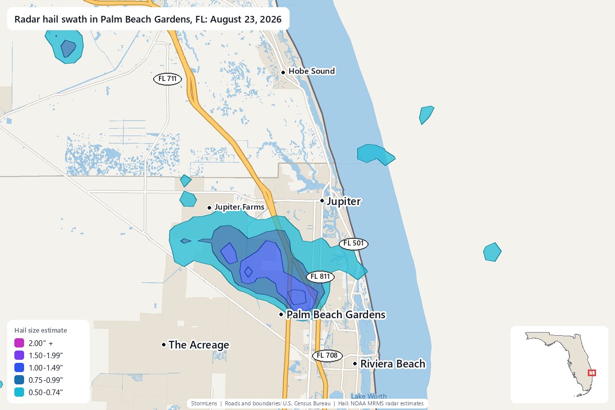 Radar-estimated hail swath in Palm Beach Gardens, FL on August 23, 2026; colors show estimated hail sizes