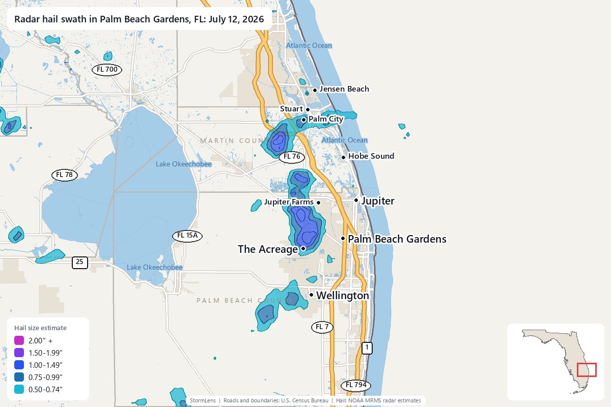 Radar-estimated hail swath in Palm Beach Gardens, FL on July 12, 2026; colors show estimated hail sizes