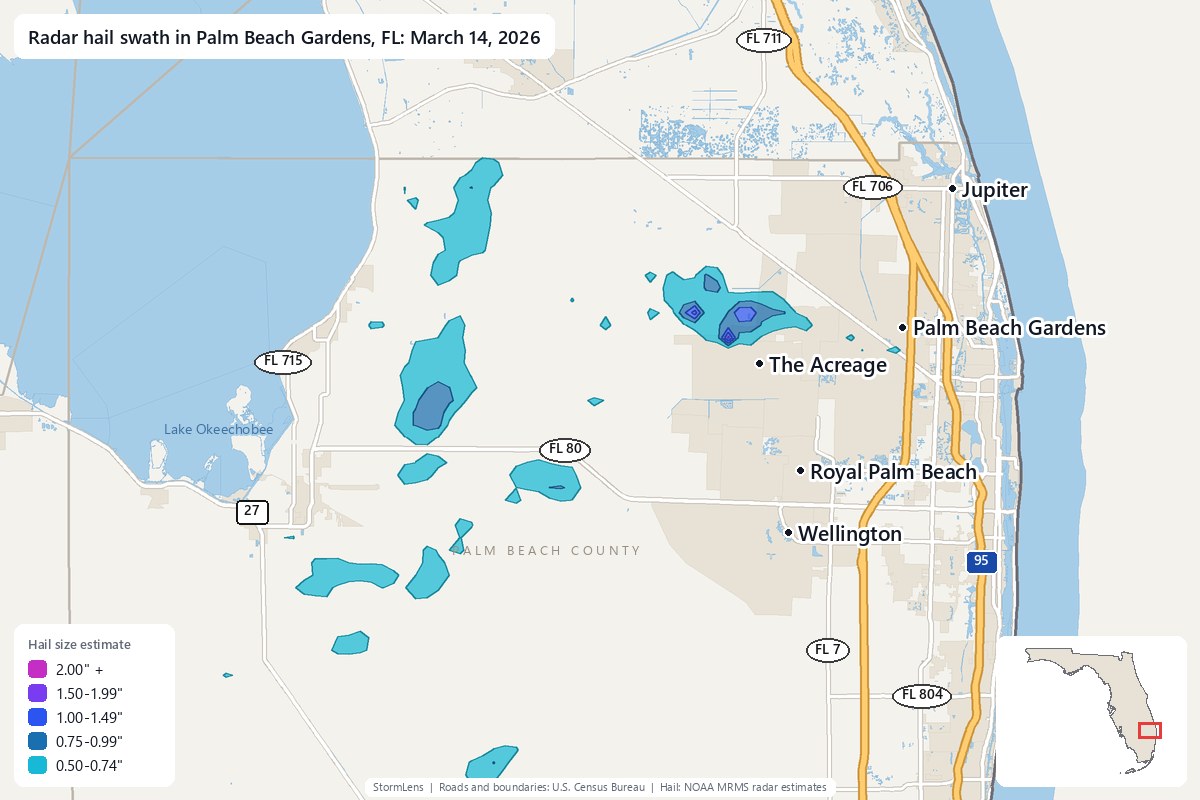 Radar-estimated hail swath in Palm Beach Gardens, FL on March 14, 2026; colors show estimated hail sizes
