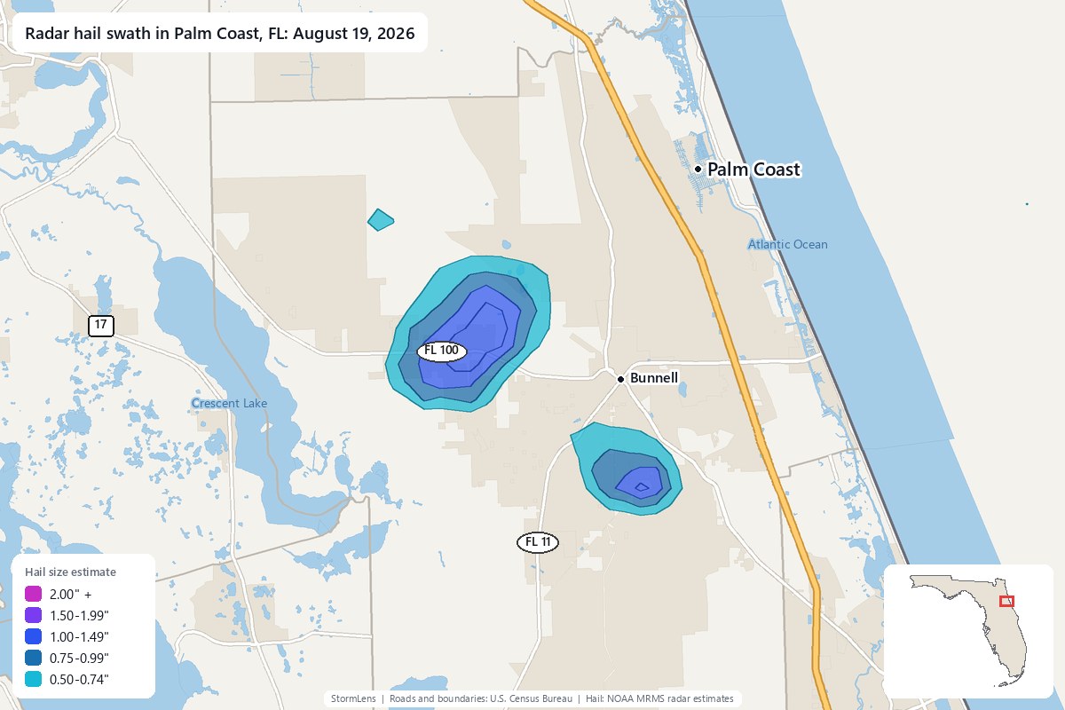 Radar-estimated hail swath in Palm Coast, FL on August 19, 2026; colors show estimated hail sizes