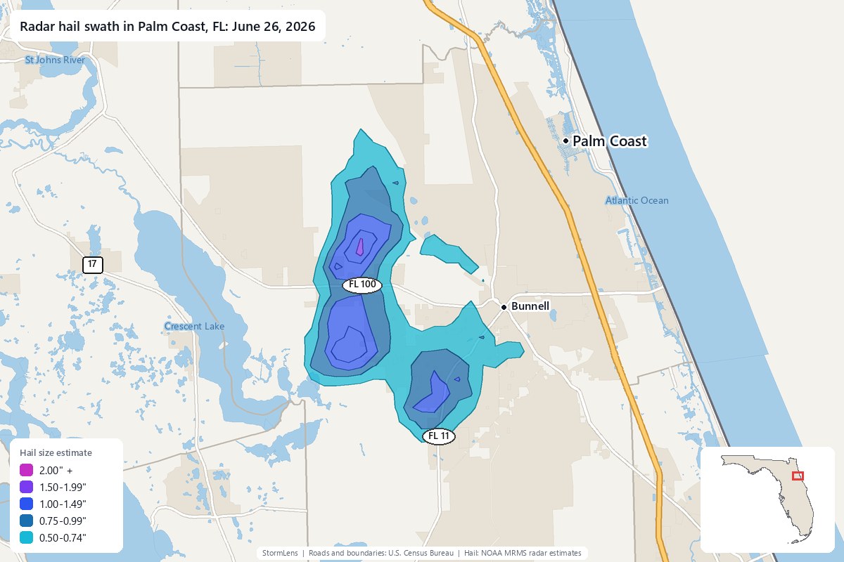 Radar-estimated hail swath in Palm Coast, FL on June 26, 2026; colors show estimated hail sizes