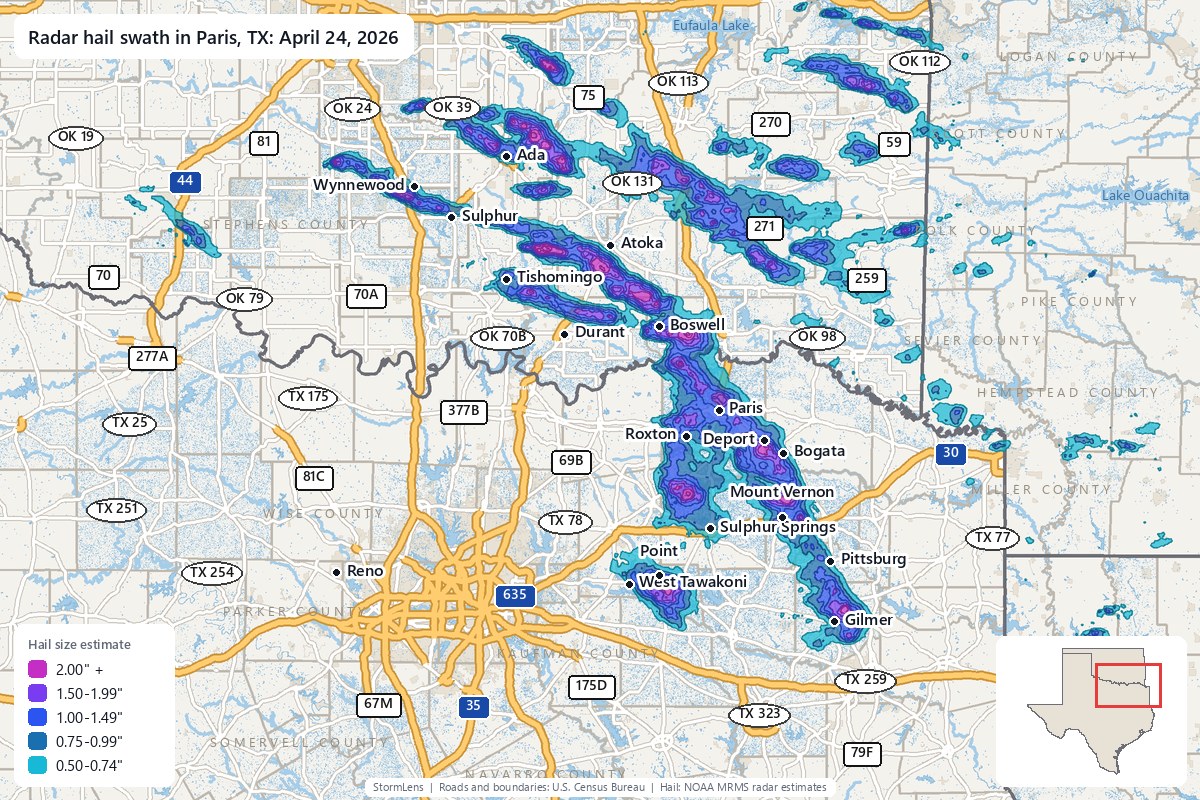 Radar-estimated hail swath in Paris, TX on April 24, 2026; colors show estimated hail sizes