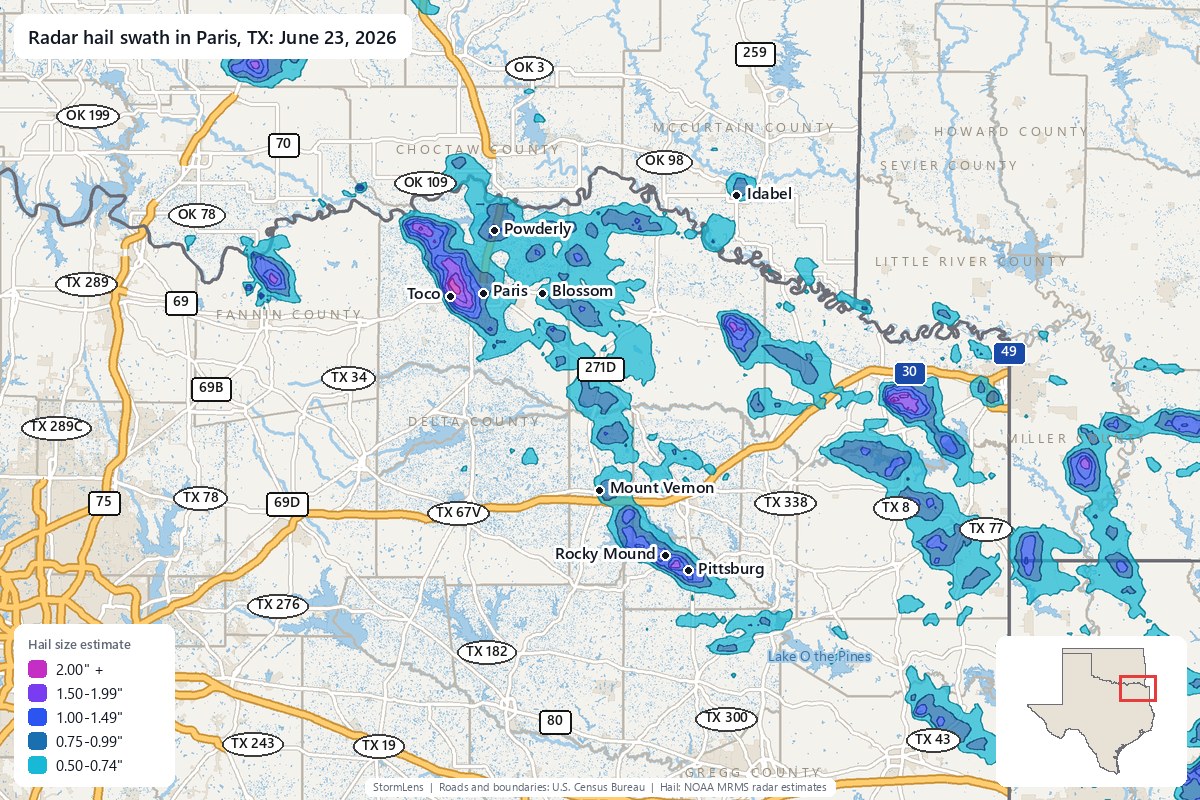 Radar-estimated hail swath in Paris, TX on June 23, 2026; colors show estimated hail sizes