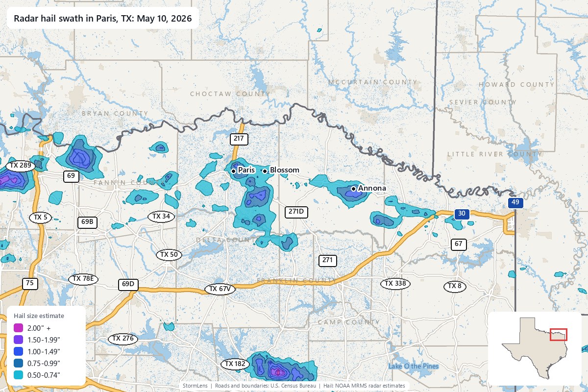 Radar-estimated hail swath in Paris, TX on May 10, 2026; colors show estimated hail sizes