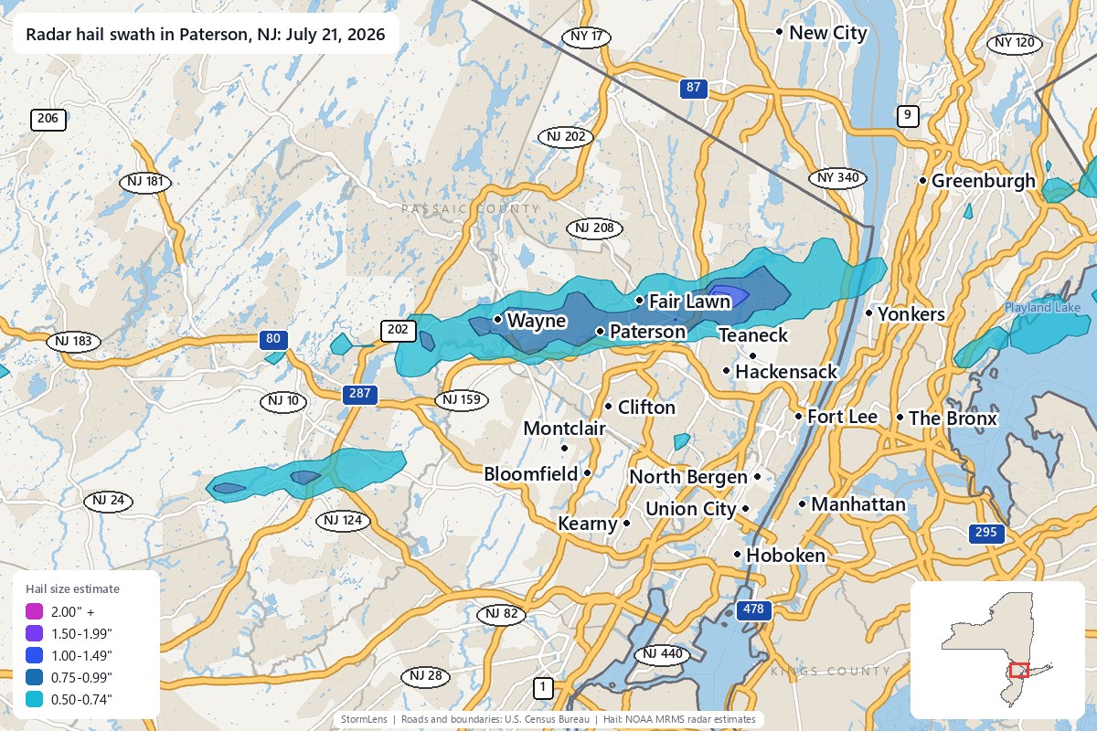 Radar-estimated hail swath in Paterson, NJ on July 21, 2026; colors show estimated hail sizes